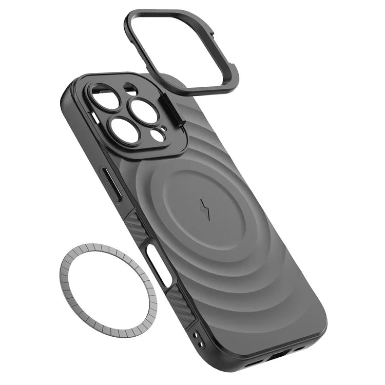 For iPhone 16 Pro Magnetic Case PC Kickstand Ripple Texture TPU Phone Cover