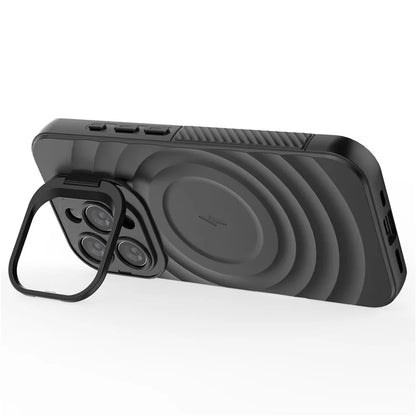 For iPhone 16 Pro Magnetic Case PC Kickstand Ripple Texture TPU Phone Cover