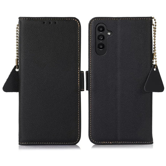 TJ For Samsung Galaxy S24 FE Case RFID Blocking Genuine Cow Leather Stand Phone Cover