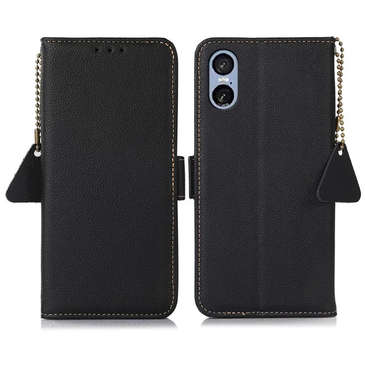 TJ For Sony Xperia 5 VI Stand Case Genuine Cow Leather Phone Cover RFID Blocking