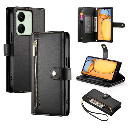 DF-011 For Xiaomi Poco M6 5G / Redmi 13R 5G / 13C 5G / 13C 4G / Poco C65 4G Case Zipper Wallet Leather Cover