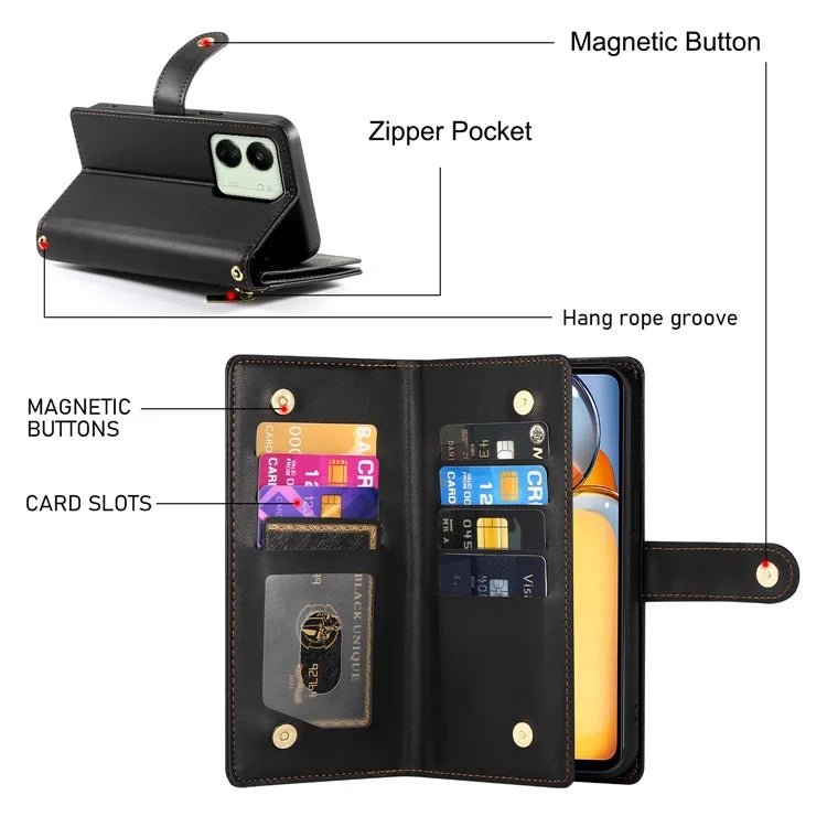 DF-011 For Xiaomi Poco M6 5G / Redmi 13R 5G / 13C 5G / 13C 4G / Poco C65 4G Case Zipper Wallet Leather Cover