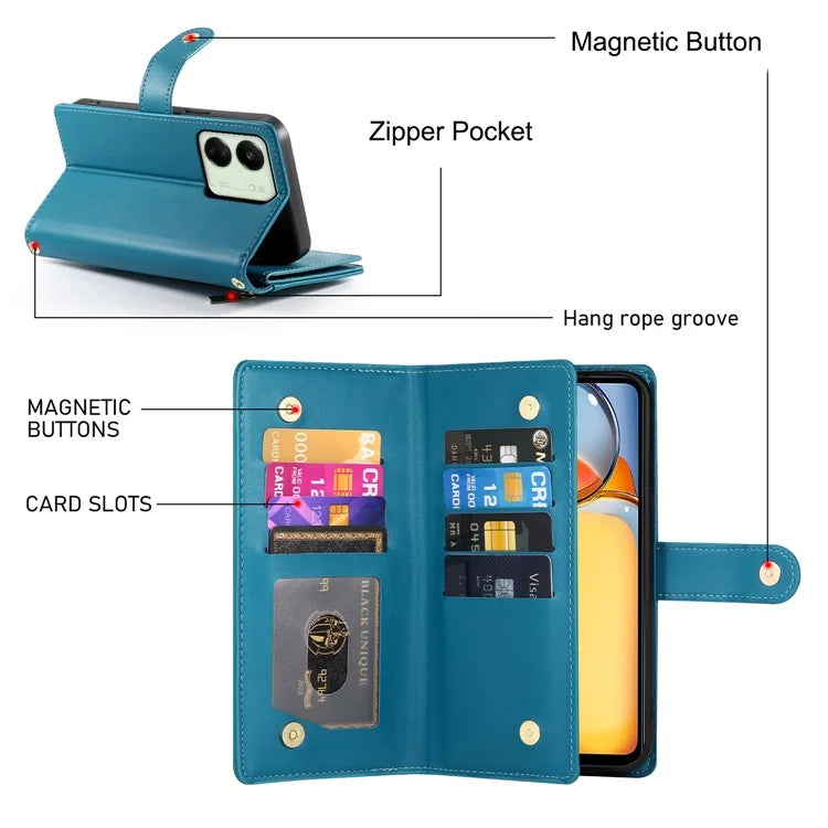 DF-011 For Xiaomi Poco M6 5G / Redmi 13R 5G / 13C 5G / 13C 4G / Poco C65 4G Case Zipper Wallet Leather Cover