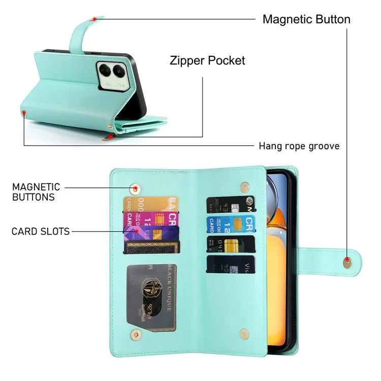 DF-011 For Xiaomi Poco M6 5G / Redmi 13R 5G / 13C 5G / 13C 4G / Poco C65 4G Case Zipper Wallet Leather Cover