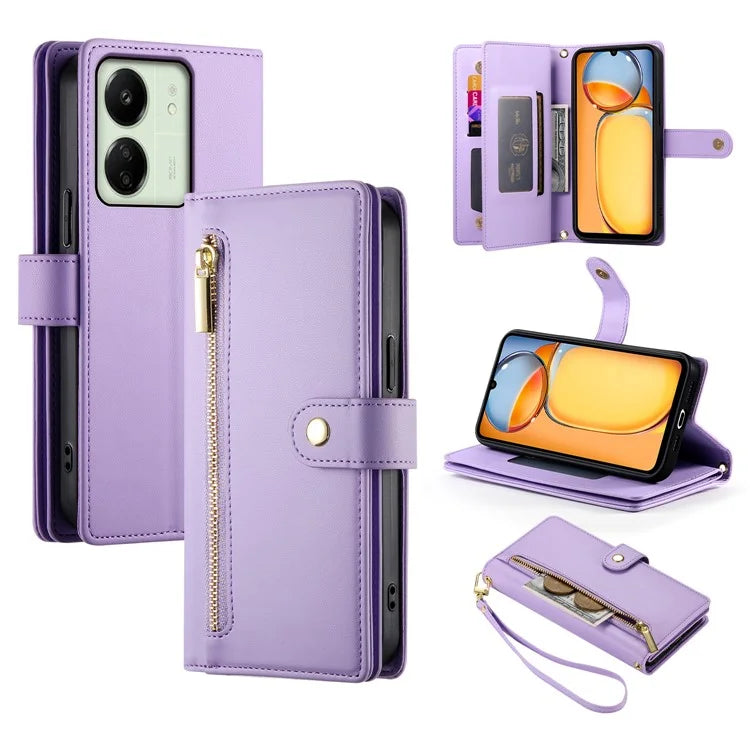 DF-011 For Xiaomi Poco M6 5G / Redmi 13R 5G / 13C 5G / 13C 4G / Poco C65 4G Case Zipper Wallet Leather Cover