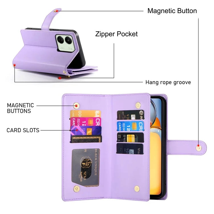 DF-011 For Xiaomi Poco M6 5G / Redmi 13R 5G / 13C 5G / 13C 4G / Poco C65 4G Case Zipper Wallet Leather Cover
