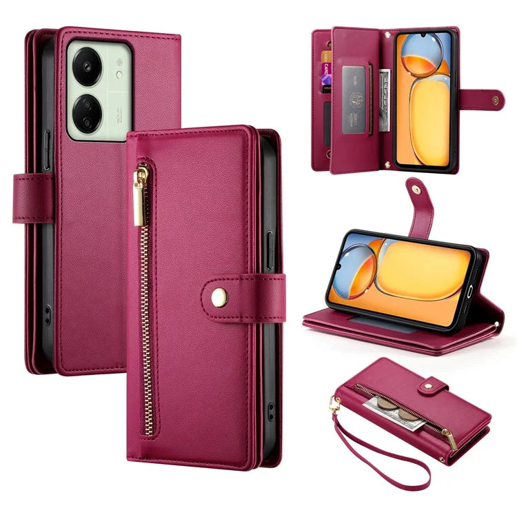 DF-011 For Xiaomi Poco M6 5G / Redmi 13R 5G / 13C 5G / 13C 4G / Poco C65 4G Case Zipper Wallet Leather Cover