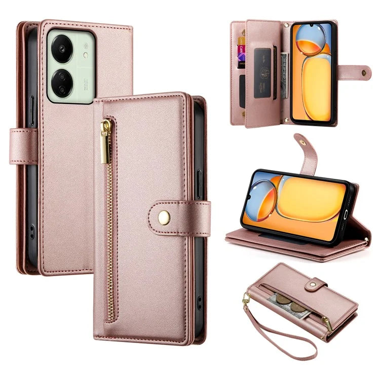 DF-011 For Xiaomi Poco M6 5G / Redmi 13R 5G / 13C 5G / 13C 4G / Poco C65 4G Case Zipper Wallet Leather Cover