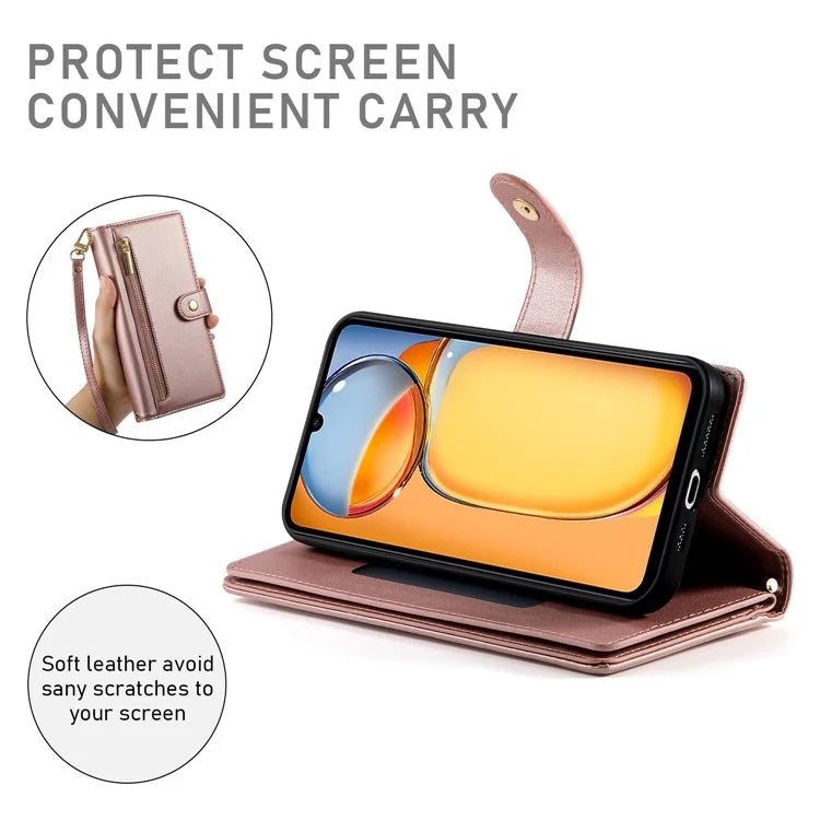 DF-011 For Xiaomi Poco M6 5G / Redmi 13R 5G / 13C 5G / 13C 4G / Poco C65 4G Case Zipper Wallet Leather Cover