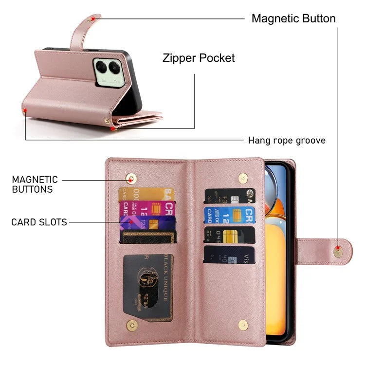 DF-011 For Xiaomi Poco M6 5G / Redmi 13R 5G / 13C 5G / 13C 4G / Poco C65 4G Case Zipper Wallet Leather Cover