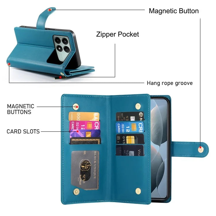 DF-011 For Xiaomi Poco X6 Pro 5G / Redmi K70E 5G Leather Case Zipper Wallet Multiple Card Slots
