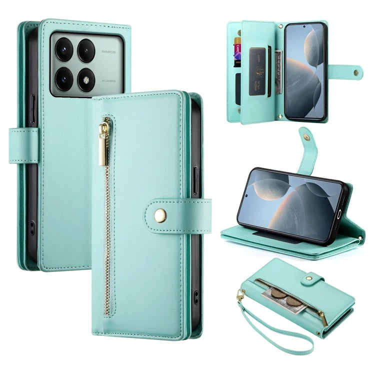 DF-011 For Xiaomi Poco X6 Pro 5G / Redmi K70E 5G Leather Case Zipper Wallet Multiple Card Slots