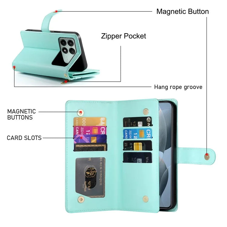 DF-011 For Xiaomi Poco X6 Pro 5G / Redmi K70E 5G Leather Case Zipper Wallet Multiple Card Slots