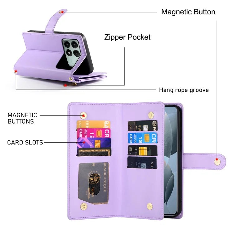 DF-011 For Xiaomi Poco X6 Pro 5G / Redmi K70E 5G Leather Case Zipper Wallet Multiple Card Slots