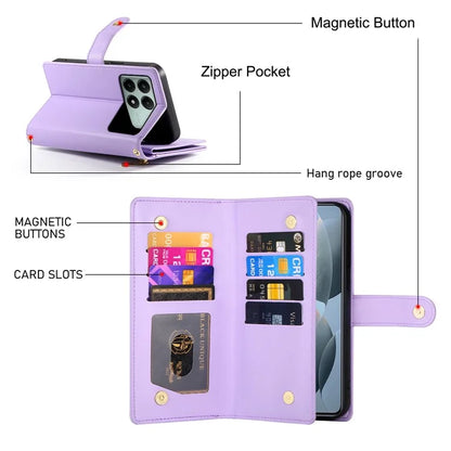 DF-011 For Xiaomi Poco X6 Pro 5G / Redmi K70E 5G Leather Case Zipper Wallet Multiple Card Slots