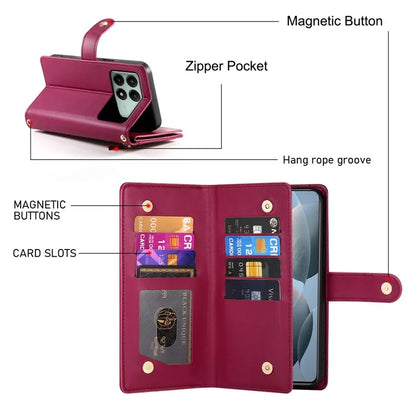 DF-011 For Xiaomi Poco X6 Pro 5G / Redmi K70E 5G Leather Case Zipper Wallet Multiple Card Slots