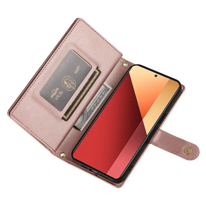 DF-011 For Xiaomi Poco M6 Pro 4G / Redmi Note 13 Pro 4G Wallet Case Zipper Leather Phone Cover