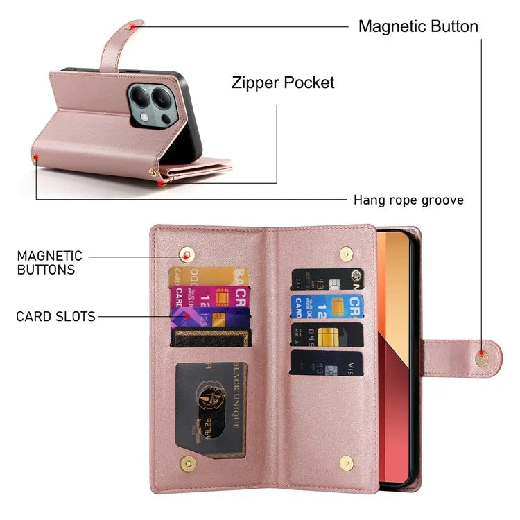 DF-011 For Xiaomi Poco M6 Pro 4G / Redmi Note 13 Pro 4G Wallet Case Zipper Leather Phone Cover