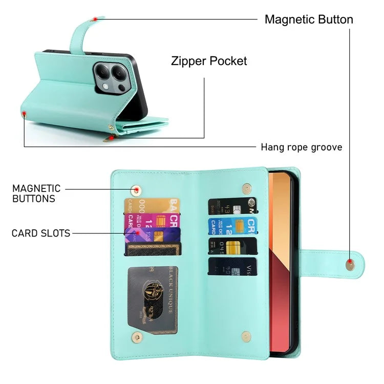 DF-011 For Xiaomi Poco M6 Pro 4G / Redmi Note 13 Pro 4G Wallet Case Zipper Leather Phone Cover
