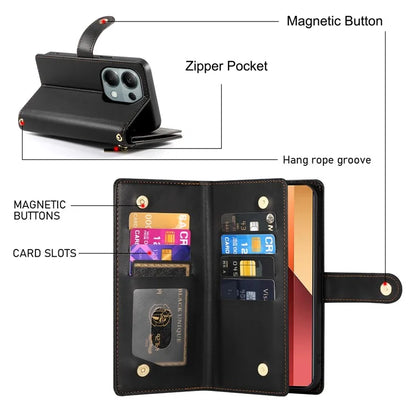 DF-011 For Xiaomi Poco M6 Pro 4G / Redmi Note 13 Pro 4G Wallet Case Zipper Leather Phone Cover