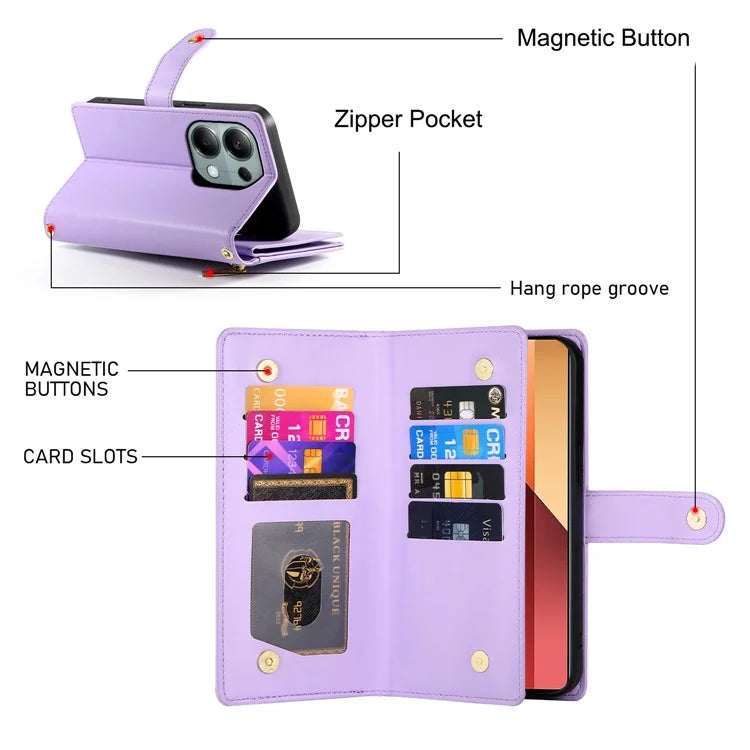 DF-011 For Xiaomi Poco M6 Pro 4G / Redmi Note 13 Pro 4G Wallet Case Zipper Leather Phone Cover