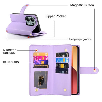 DF-011 For Xiaomi Poco M6 Pro 4G / Redmi Note 13 Pro 4G Wallet Case Zipper Leather Phone Cover