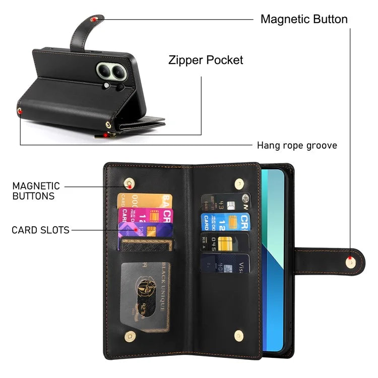 DF-011 For Xiaomi Redmi Note 13 4G Leather Case Zipper Phone Cover with Hand Strap / Shoulder Strap