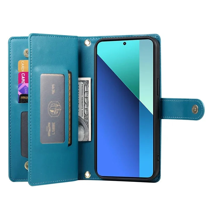 DF-011 For Xiaomi Redmi Note 13 4G Leather Case Zipper Phone Cover with Hand Strap / Shoulder Strap