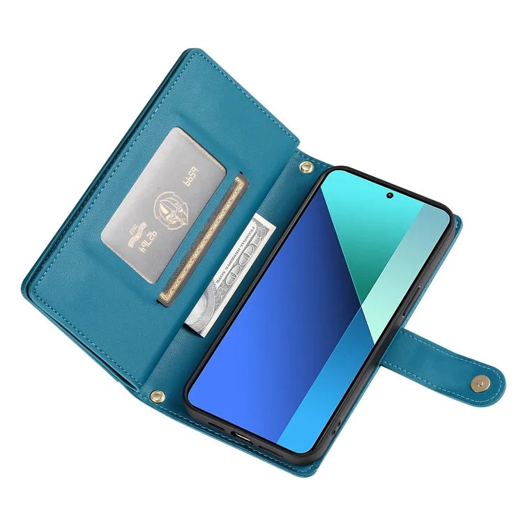 DF-011 For Xiaomi Redmi Note 13 4G Leather Case Zipper Phone Cover with Hand Strap / Shoulder Strap