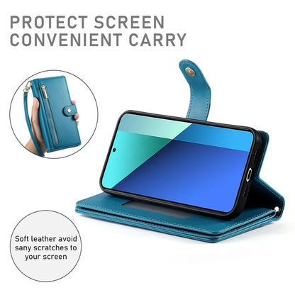 DF-011 For Xiaomi Redmi Note 13 4G Leather Case Zipper Phone Cover with Hand Strap / Shoulder Strap