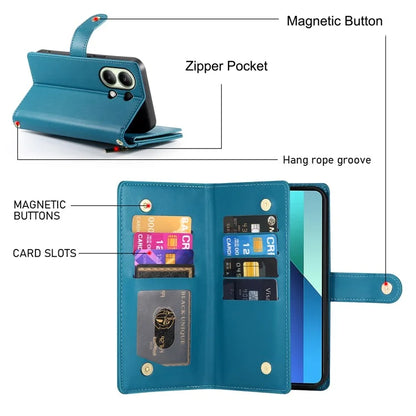DF-011 For Xiaomi Redmi Note 13 4G Leather Case Zipper Phone Cover with Hand Strap / Shoulder Strap
