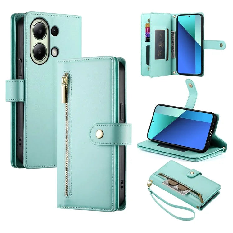 DF-011 For Xiaomi Redmi Note 13 4G Leather Case Zipper Phone Cover with Hand Strap / Shoulder Strap