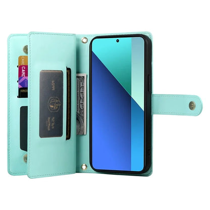 DF-011 For Xiaomi Redmi Note 13 4G Leather Case Zipper Phone Cover with Hand Strap / Shoulder Strap