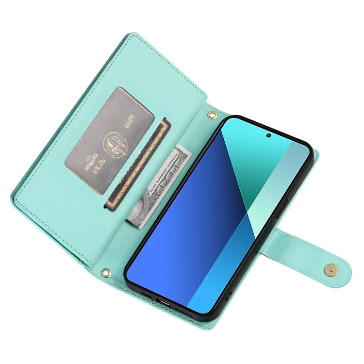 DF-011 For Xiaomi Redmi Note 13 4G Leather Case Zipper Phone Cover with Hand Strap / Shoulder Strap