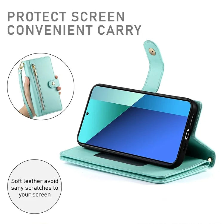 DF-011 For Xiaomi Redmi Note 13 4G Leather Case Zipper Phone Cover with Hand Strap / Shoulder Strap