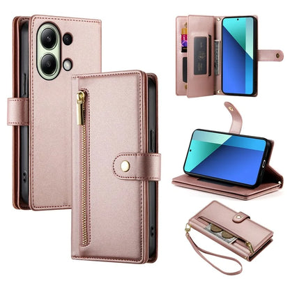 DF-011 For Xiaomi Redmi Note 13 4G Leather Case Zipper Phone Cover with Hand Strap / Shoulder Strap