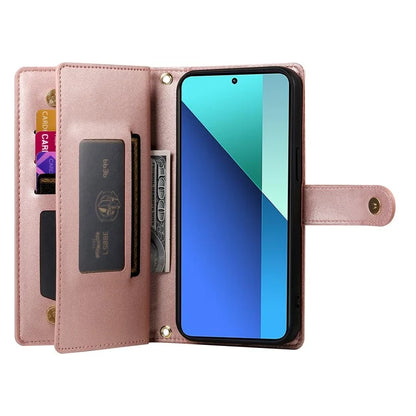 DF-011 For Xiaomi Redmi Note 13 4G Leather Case Zipper Phone Cover with Hand Strap / Shoulder Strap
