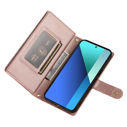 DF-011 For Xiaomi Redmi Note 13 4G Leather Case Zipper Phone Cover with Hand Strap / Shoulder Strap