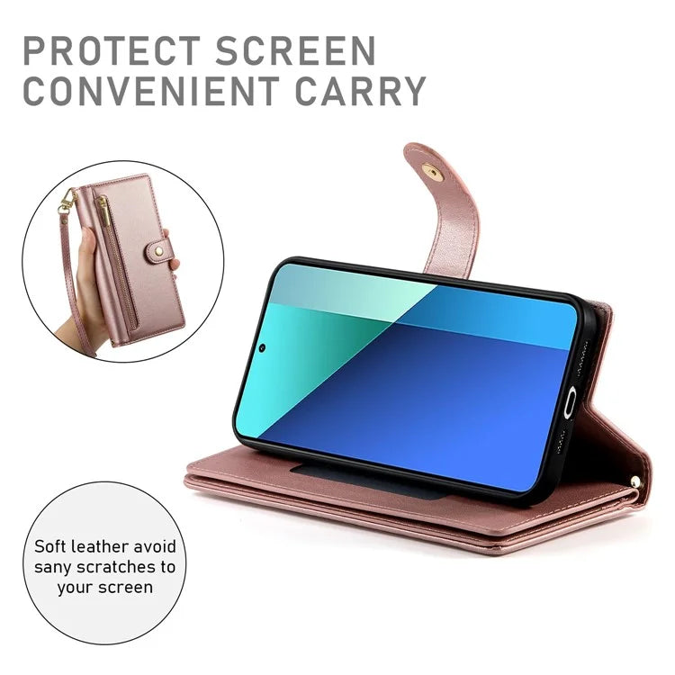 DF-011 For Xiaomi Redmi Note 13 4G Leather Case Zipper Phone Cover with Hand Strap / Shoulder Strap
