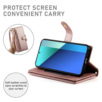 DF-011 For Xiaomi Redmi Note 13 4G Leather Case Zipper Phone Cover with Hand Strap / Shoulder Strap