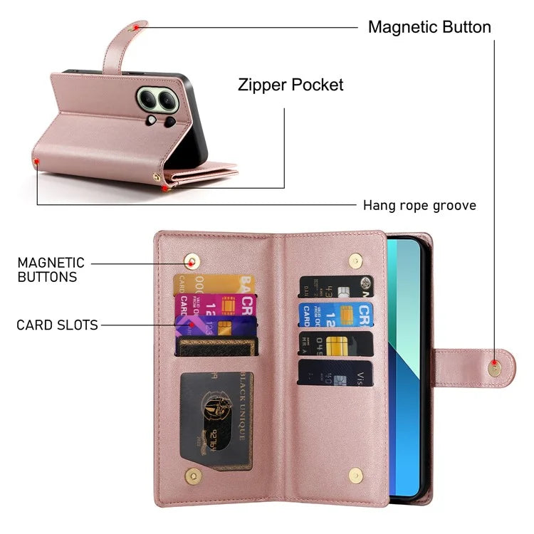 DF-011 For Xiaomi Redmi Note 13 4G Leather Case Zipper Phone Cover with Hand Strap / Shoulder Strap