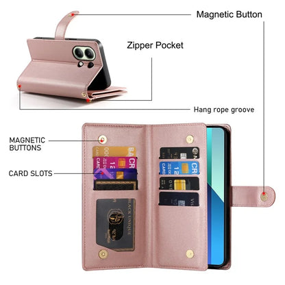 DF-011 For Xiaomi Redmi Note 13 4G Leather Case Zipper Phone Cover with Hand Strap / Shoulder Strap