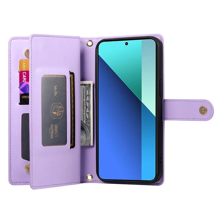 DF-011 For Xiaomi Redmi Note 13 4G Leather Case Zipper Phone Cover with Hand Strap / Shoulder Strap
