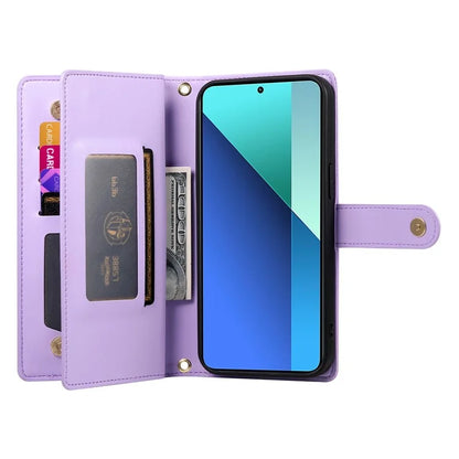 DF-011 For Xiaomi Redmi Note 13 4G Leather Case Zipper Phone Cover with Hand Strap / Shoulder Strap