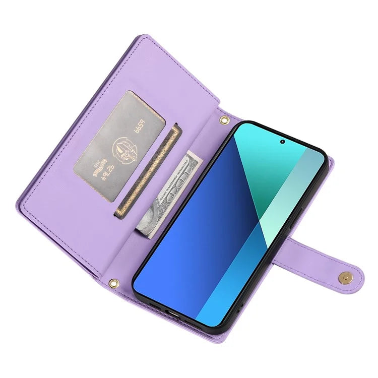 DF-011 For Xiaomi Redmi Note 13 4G Leather Case Zipper Phone Cover with Hand Strap / Shoulder Strap