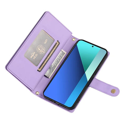 DF-011 For Xiaomi Redmi Note 13 4G Leather Case Zipper Phone Cover with Hand Strap / Shoulder Strap