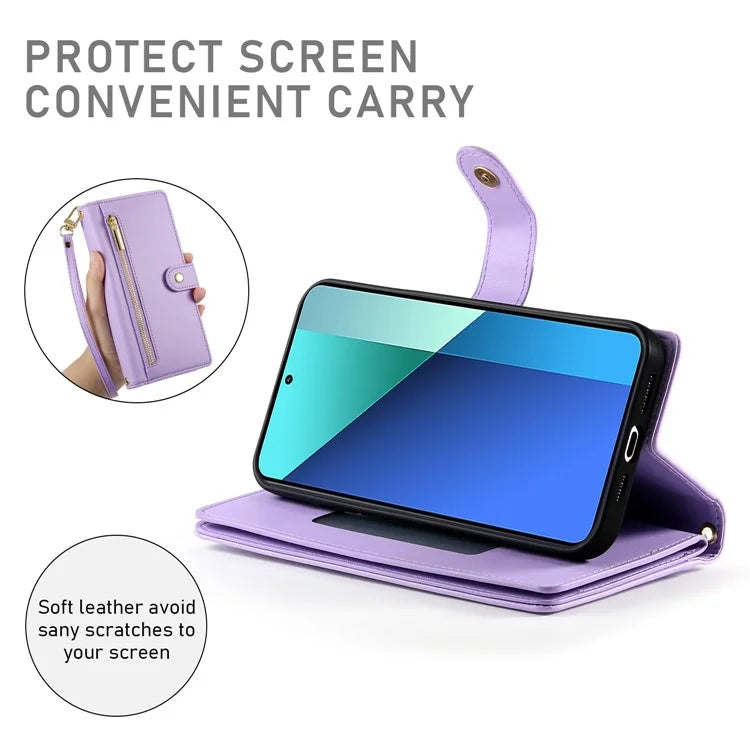 DF-011 For Xiaomi Redmi Note 13 4G Leather Case Zipper Phone Cover with Hand Strap / Shoulder Strap