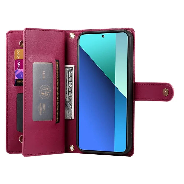 DF-011 For Xiaomi Redmi Note 13 4G Leather Case Zipper Phone Cover with Hand Strap / Shoulder Strap