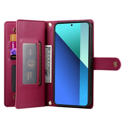 DF-011 For Xiaomi Redmi Note 13 4G Leather Case Zipper Phone Cover with Hand Strap / Shoulder Strap