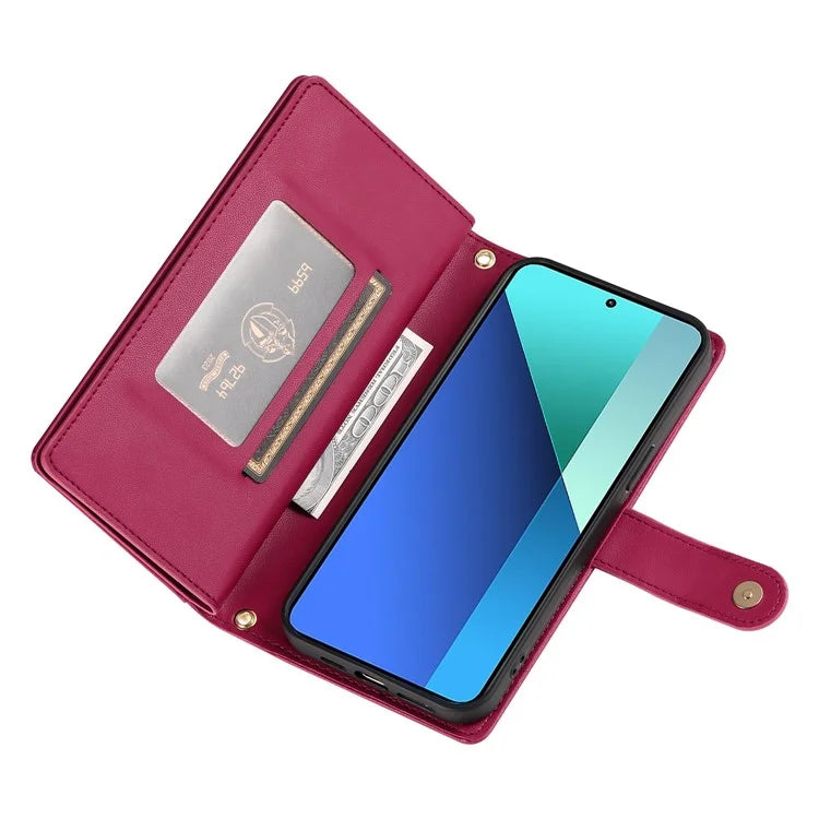 DF-011 For Xiaomi Redmi Note 13 4G Leather Case Zipper Phone Cover with Hand Strap / Shoulder Strap